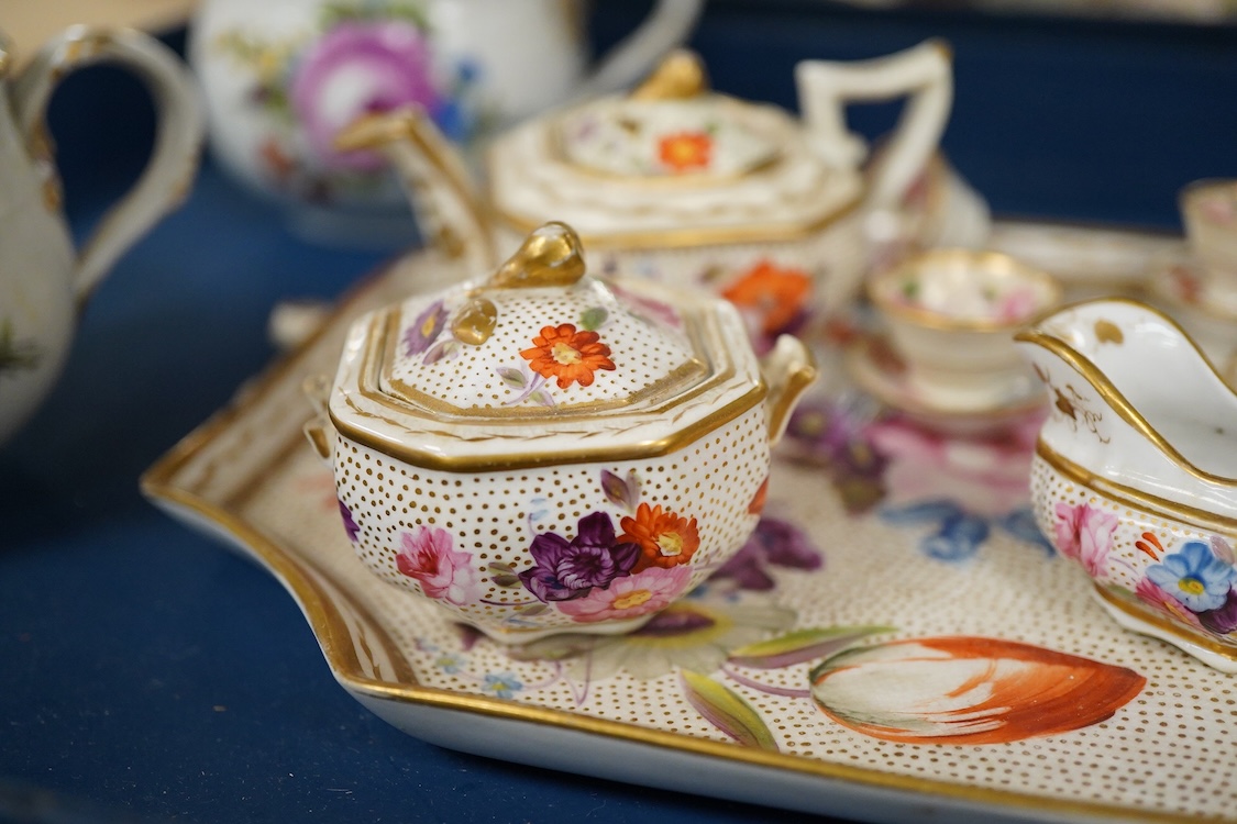 A pair of Meissen Marcolini period floral custard cups & covers together with an early 19th century English porcelain miniature tea set on tray, largest 20cm wide